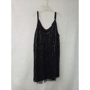 Festi Sequin Fringe Dress Women 30 Black Flapper Gatsby V-Neck Mini Party